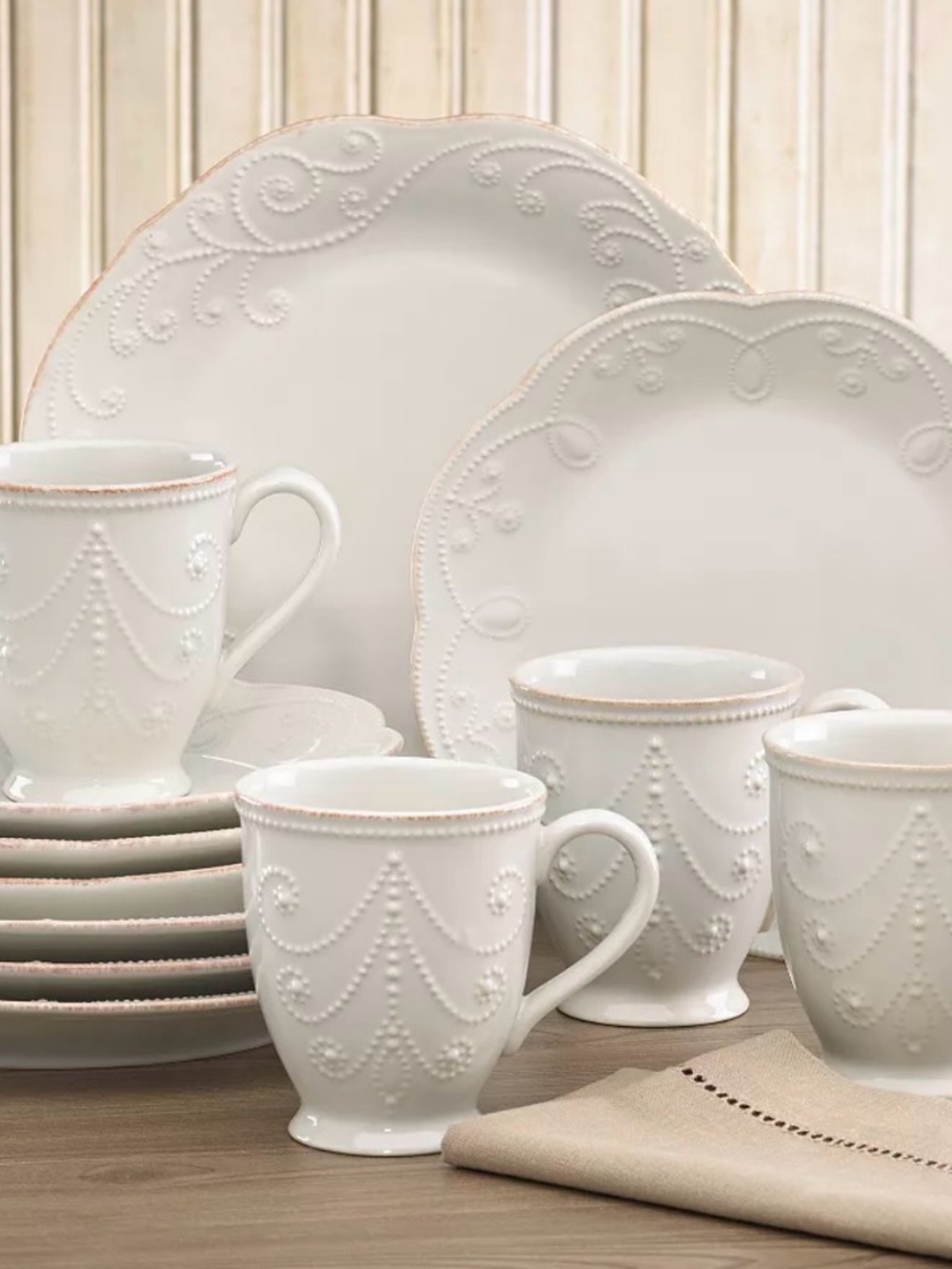 Lenox French Perle Scalloped Dinner Set with Embossed Scroll Pattern
